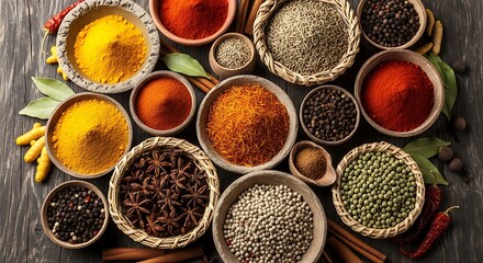 An overhead shot of various spices in bowls and baskets on a dark wooden surface creating a vibrant array