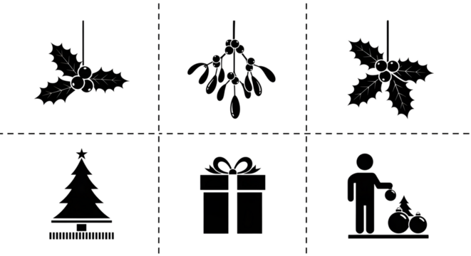 Collection of six black and white christmas icons including holly, mistletoe, christmas tree, gift box, and a person decorating a tree