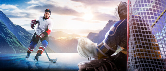 Hockey players in action on the ice. Outdoor game. Sports. Hockey match. A large hockey rink in the middle of an forest. Hockey concept. Panorama