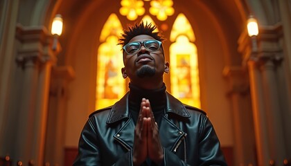 Naklejka premium Black man in leather jacket clasps hands in prayer inside church. He wears glasses and has dreadlocks. Worship and faith are evident in this spiritual moment.
