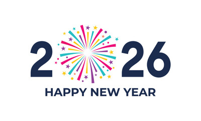Happy New Year 2026 Celebration with Colorful Fireworks and Stars