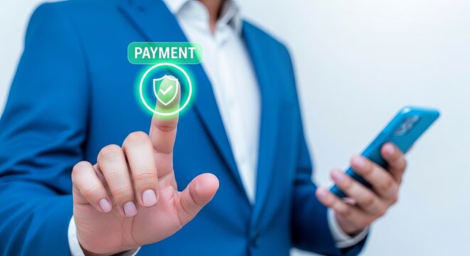 A man in a blue suit securely authorizing a mobile payment with a smartphone. - Powered by Adobe