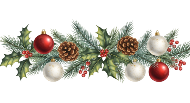 A festive christmas garland featuring pine branches, holly leaves, red and white baubles, pine cones, and red berries, isolated on a transparent background