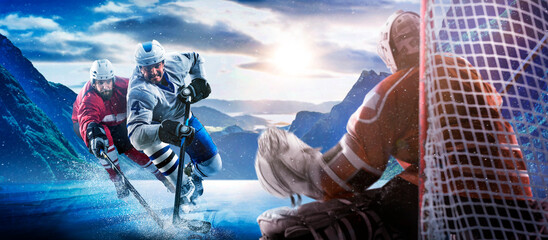 Hockey players in action on the ice. Outdoor game. Sports. Hockey match. A large hockey rink in the middle of an forest. Hockey concept. Panorama