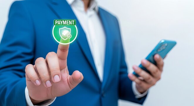 A confident man in a blue suit engages with a digital payment interface on his smartphone.