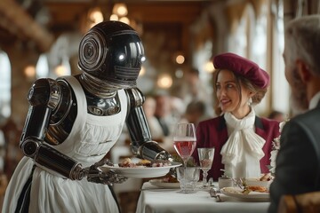 Scene blending advanced robotics with retro hospitality, ideal for illustrating future service trends and technology in upscale dining environments