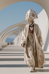 Futuristic humanoid android in beige robe walks through modern Moroccan architectural corridor, blending technology, fashion, and cultural aesthetics