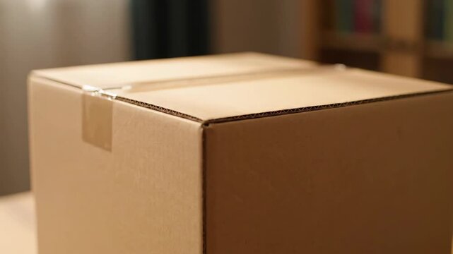 Close-up of a sealed, brown cardboard shipping box on a table.