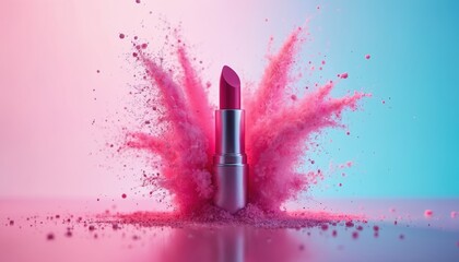 Pink lipstick tube explodes with vibrant pink powder mid-air. Cosmetic product bursts against a soft pink and blue gradient background. Beauty makeup concept for advertising.