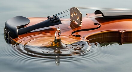 A close up view of a violin floating on water with a water droplet creating ripples in the water surface