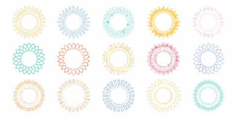 Collection of fifteen decorative circular frames and sunburst elements in various pastel colors