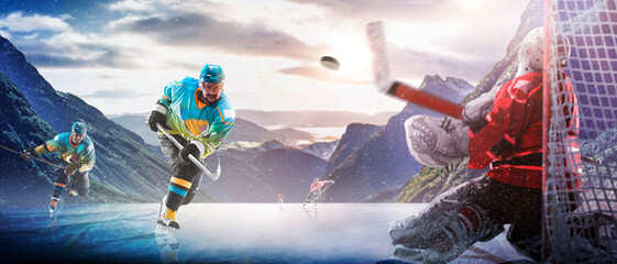 Hockey players in action on the ice. Outdoor game. Sports. Hockey match. A large hockey rink in the middle of an forest. Hockey concept. Panorama