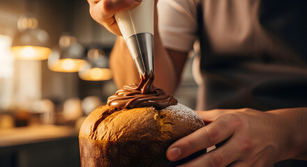 Artisan baker adding chocolate filling — detailed process of gourmet panettone.