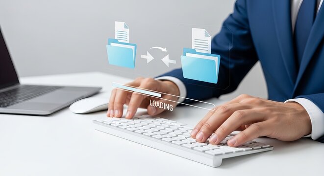 A male business professional in a blue suit uses a keyboard, with digital file transfer graphics displayed above.