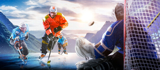 Hockey players in action on the ice. Outdoor game. Sports. Hockey match. A large hockey rink in the middle of an forest. Hockey concept. Panorama