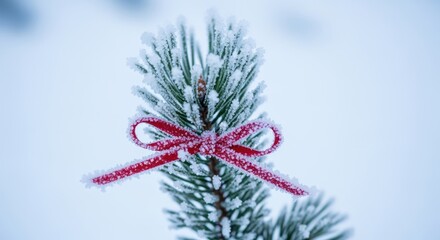 Closeup of a frost-covered pine branch with a red ribbon. Winter Christmas decoration in the snow. Festive holiday nature background