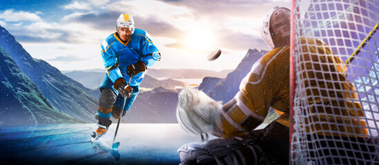 Hockey players in action on the ice. Outdoor game. Sports. Hockey match. A large hockey rink in the middle of an forest. Hockey concept. Panorama