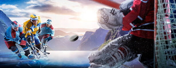 Hockey players in action on the ice. Outdoor game. Sports. Hockey match. A large hockey rink in the middle of an forest. Hockey concept. Panorama