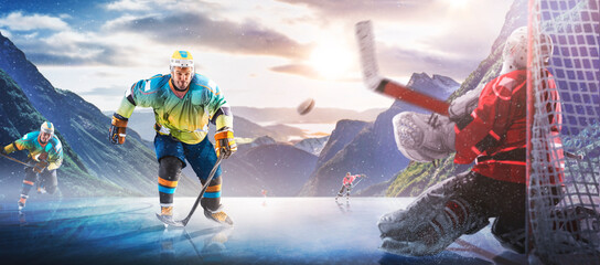 Hockey players in action on the ice. Outdoor game. Sports. Hockey match. A large hockey rink in the middle of an forest. Hockey concept. Panorama