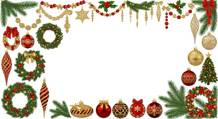 Elegant Christmas frame with glistening ornaments, festive wreaths, and twinkling garlands, perfect for holiday greetings and seasonal designs, adding joyful sparkle to your projects