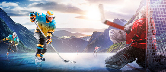 Hockey players in action on the ice. Outdoor game. Sports. Hockey match. A large hockey rink in the middle of an forest. Hockey concept. Panorama