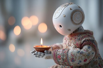 Humanoid robot in ornate embroidered clothing holds glowing oil lamp, symbolizing fusion of tradition and technology during festive celebration