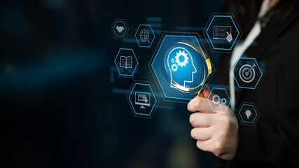 Head with gear and icons representing learning, digital training, and development process, showing skill growth for human or AI systems through knowledge or task optimization Latch