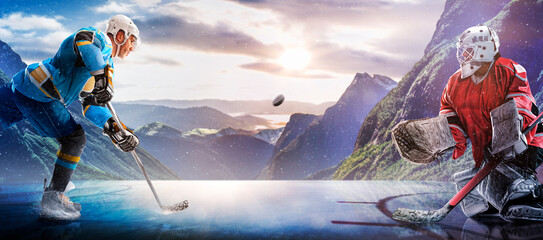 Hockey players in action on the ice. Outdoor game. Sports. Hockey match. A large hockey rink in the middle of an forest. Hockey concept. Panorama