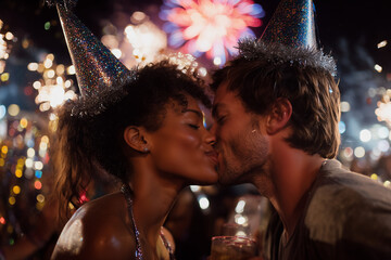 New Year's Kiss between diverse couple in glitter hats during party with drinks and fireworks in romantic night celebration