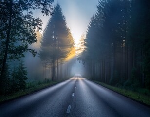 a foggy morning in a dense forest road with headlights breaking through the mist