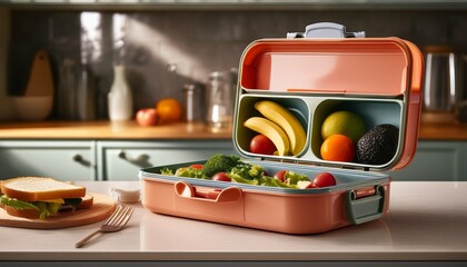 a close up shot of an open lunchbox on a kitchen counter