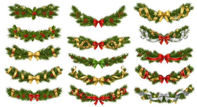 Festive Christmas garlands with evergreen foliage, bright red berries, and elegant ribbons evoke holiday cheer and add a touch of seasonal magic to any creative project - Powered by Adobe