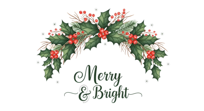 Merry and bright christmas garland with holly and berries