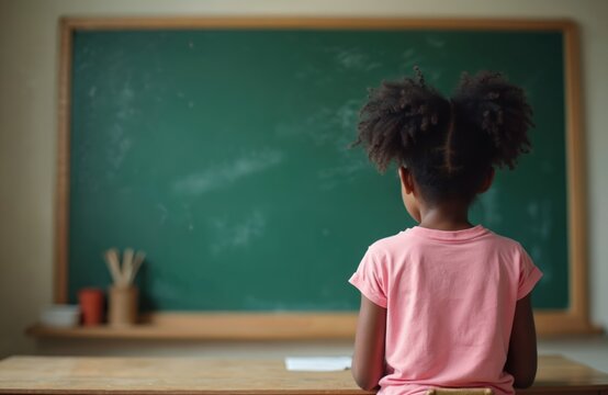 African american girl from back sits in classroom. Little female student with afro pigtails looks at empty green chalkboard. Pupil at desk during lesson in elementary school. Kid ready to learn,