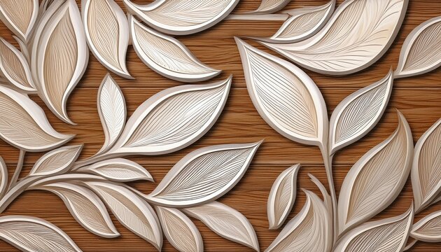 white geometric leaves 3d tiles texture wood background generative ai