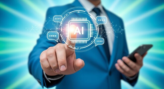 A businessman in a blue suit interacts with an AI interface, showcasing innovation and technology in a vibrant digital setting.