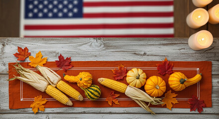 Overhead shot of gourds, corn, and leaves on orange fabric with blurred US flag, symbolizing autumn harvest, Thanksgiving, and American tradition