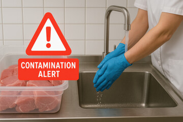 Contamination alert for food safety and hygiene risk in kitchen. Worker washing hand near raw meat demonstrates importance of haccp system for prevention of illness