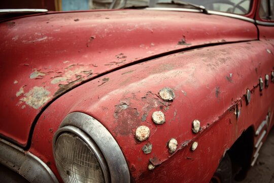 Weathered Red Vehicle Finish: Aged Paint with Rustic Charm on Compact Car