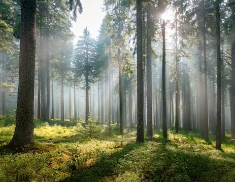 a dense coniferous forest filled with tall pine trees light filtering through the branches casting shadows on the forest floor mist rising among the trees