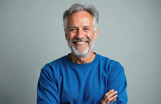 Mature man with grey hair and beard smiles warmly. He wears a blue sweatshirt. His arms are crossed, showing confidence and a positive attitude in his senior years.