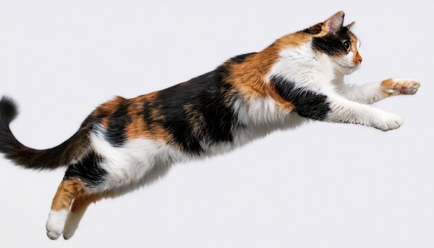 isolated image of a jumping calico cat with white black and orange fur in mid air on white background for pet and animal design projects
