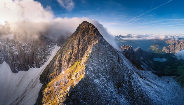 majestic mountain summit cloudy atmosphere aerial view serene landscape nature s grandeur