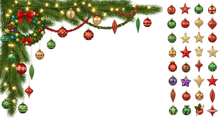 Festive corner border with vibrant Christmas ornaments and sparkling lights, perfect for holiday greetings and cheerful seasonal designs, bringing joy and warmth