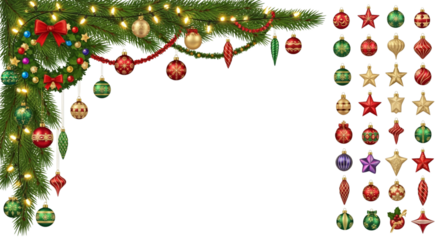 Festive corner border with vibrant Christmas ornaments and sparkling lights, perfect for holiday greetings and cheerful seasonal designs, bringing joy and warmth