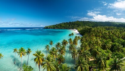 a lush tropical island with multiple palm trees lining the shoreline the turquoise ocean waves gently lapping