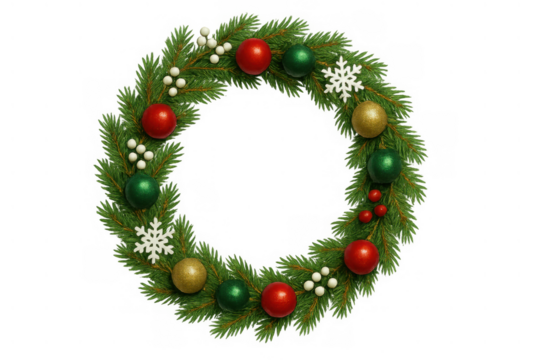 Christmas wreath creating a festive design for holiday celebrations, adorning with colorful baubles and white berries