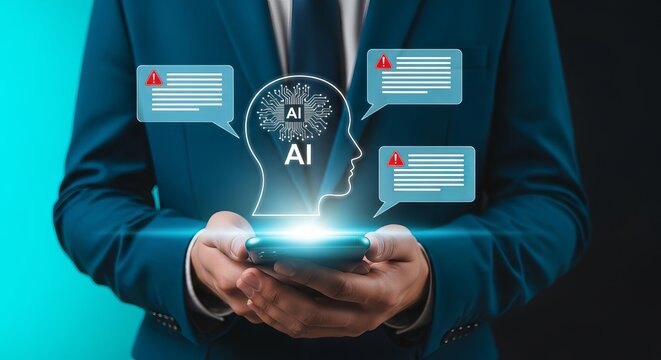 A businessman holds a smartphone while engaging with AI technology, symbolizing innovation and communication.