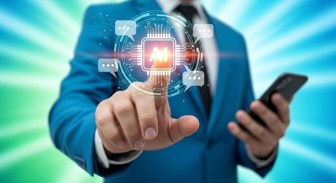 A businessman in a blue suit interacts with a digital AI interface while holding a smartphone, showcasing technology integration.