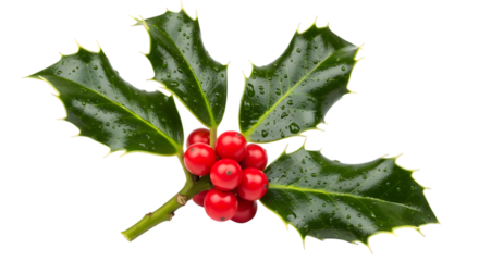 A single sprig of holly with green leaves and red berries